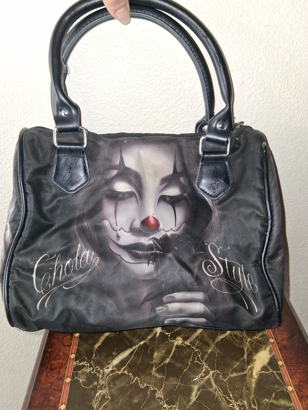 Black Graphic Purse Bag OG Angels Chola Style 10x10x4 *handle Needs Stitching